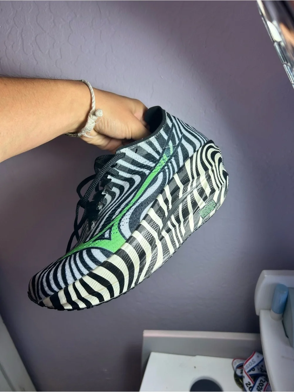 Mizuno Wave Rebellion Pro Zebra Stripe Sneaker with Neon Green Accent